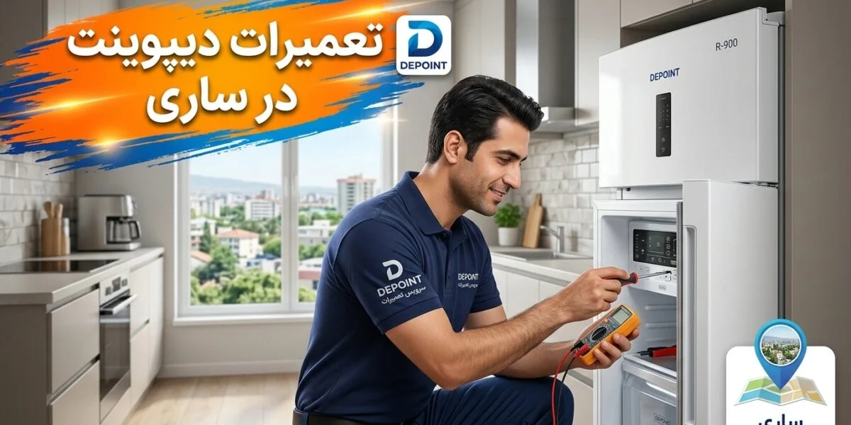 کارشناس در حال انجام تعمیرات دیپوینت در ساری روی یخچال و لباسشویی در کارگاه تعمیرات