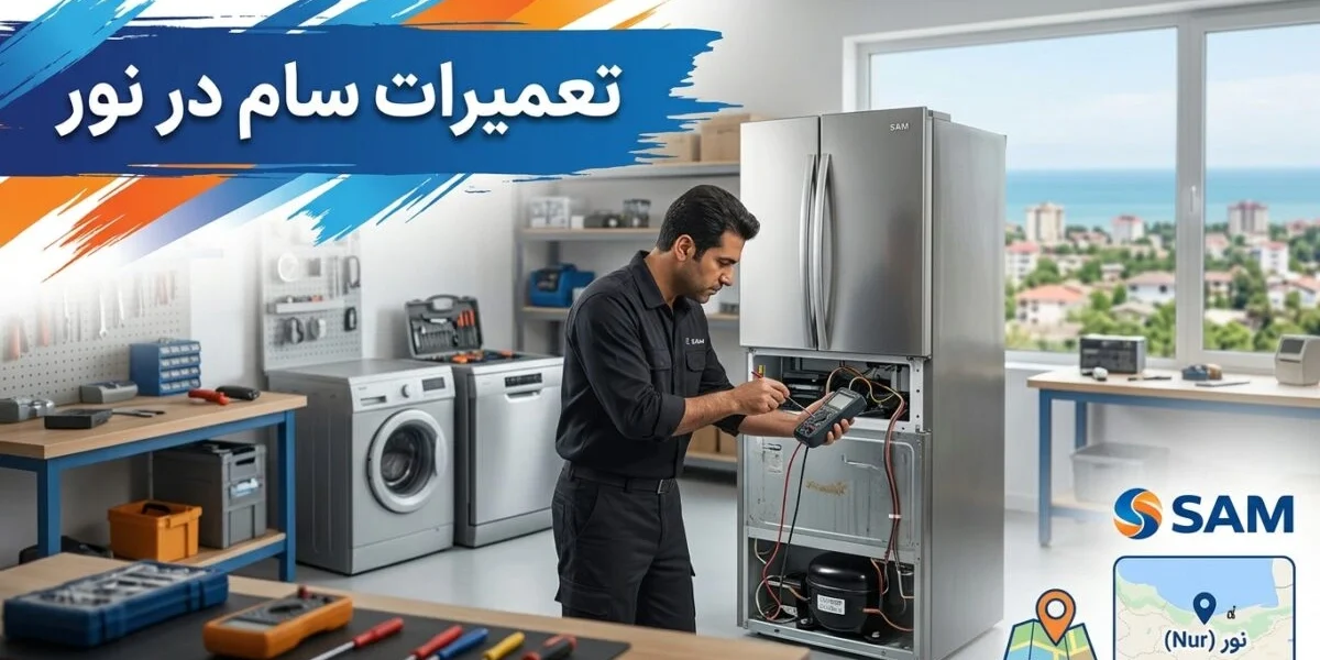 تعمیرات سام در نور - تکنسین در حال بررسی لوازم خانگی سام در کنار منظره جنگل و دریای شهر نور